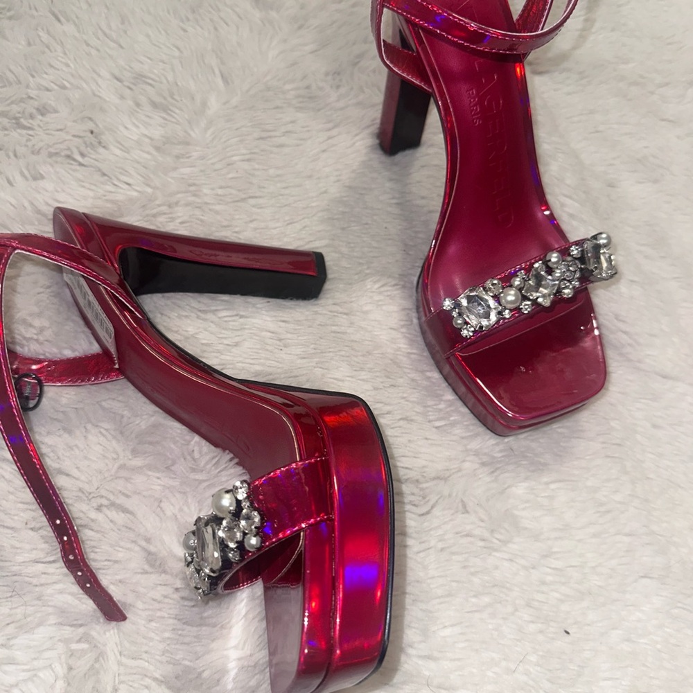 Karl Lagerfeld Shiny Pink Heels with Silver Embellishments
